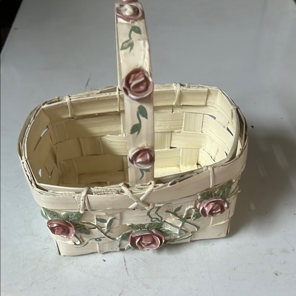 Woven Basket with hand painted ceramic Pink Rose Accents